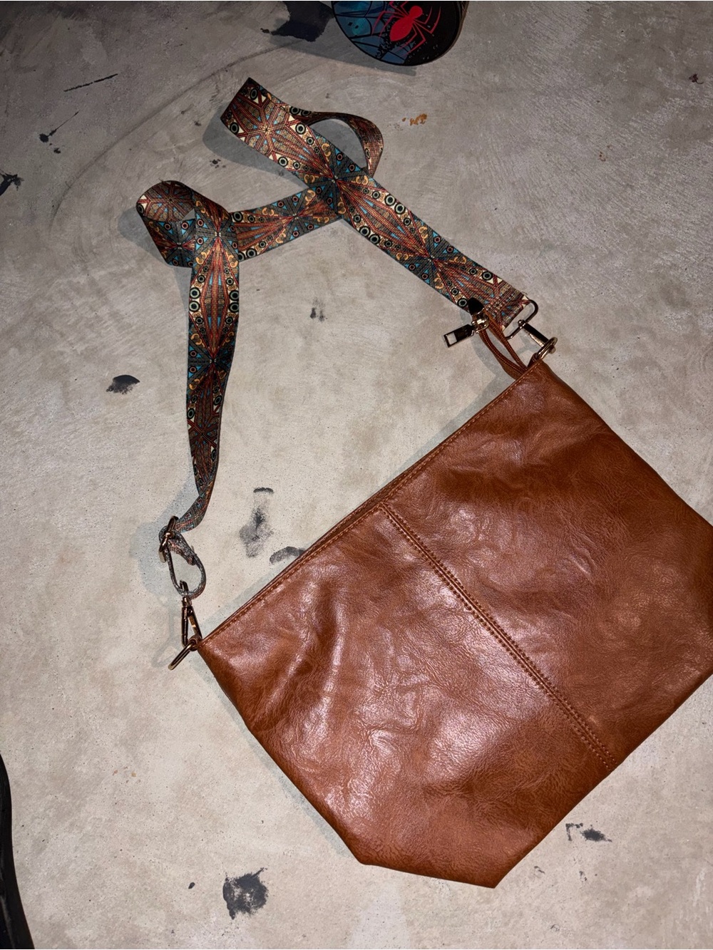 Brown Crossbody Shoulder Bag with Patterned Strap